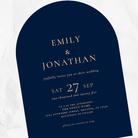 Minimalistische tekst QR-code Navy Gold Arch Weddi Kaart