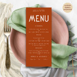 Minimalistische tekst Terracotta Wedding Menu kaar Kaart<br><div class="desc">Minimalistische tekst Terracotta bruiloft menukaart. Digitaal verkrijgbaar en gedrukt. Personaliseer de tekst eenvoudig aan uw eigen details,  inclusief alternatieven voor uw veganistische of vegetarische opties. U kunt veranderen als u een kleur van uw keuze wilt aanpassen aan uw trouwthema.</div>