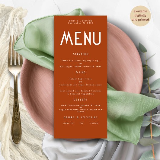 Minimalistische tekst Terracotta Wedding Menu kaar Kaart