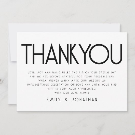 Minimalistische tekst zwart wit bruiloft dank u kaart (Voorkant)