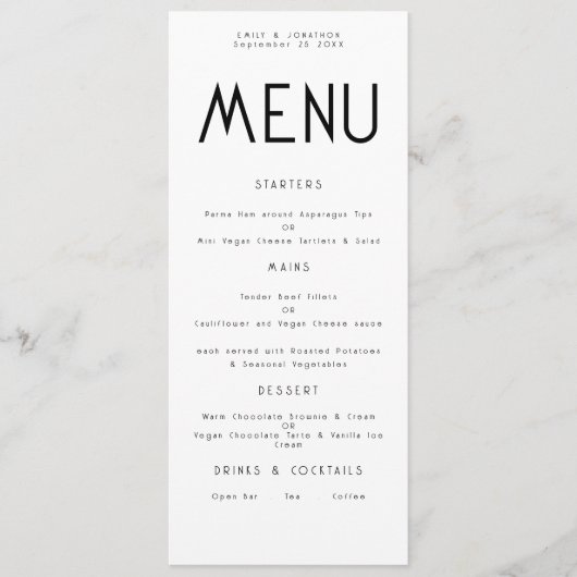 Minimalistische tekst Zwart Wit Bruiloft Menukaart Kaart (Voorkant)