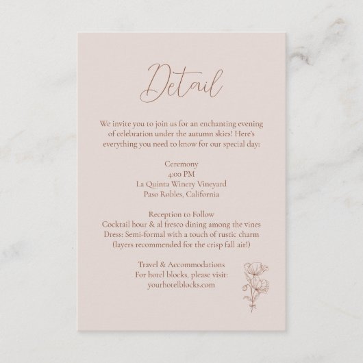 Minimalistische Terracotta Boho Botanicals bruilof Informatiekaartje (Voorkant)