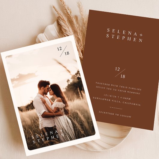 Minimalistische terracotta boho foto bruiloft kaart