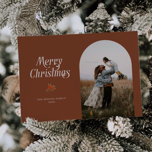 Minimalistische Terracotta Boog Vrolijke Kerstfoto Feestdagenkaart