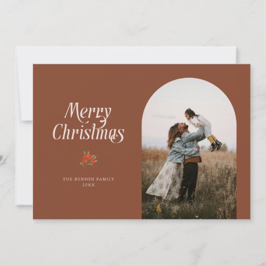 Minimalistische Terracotta Boog Vrolijke Kerstfoto Feestdagenkaart (Voorkant)