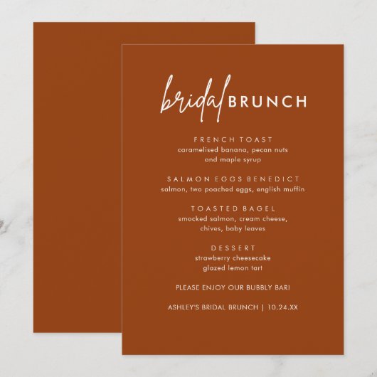 Minimalistische Terracotta Bruids Brunch Menu Kaar (Voorkant / Achterkant)
