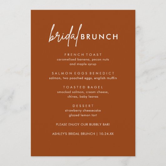 Minimalistische Terracotta Bruids Brunch Menu Kaar (Voorkant)