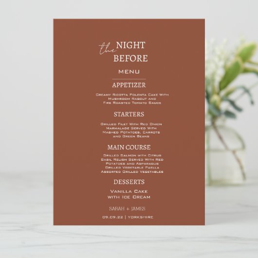 Minimalistische terracotta de nacht voor de bruilo menu (Staand voorkant)