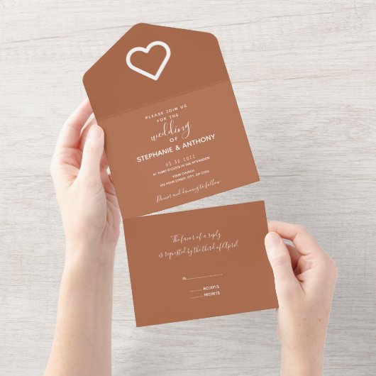 Minimalistische terracotta Heart Wedding All In One Uitnodiging (Afscheurbaar)