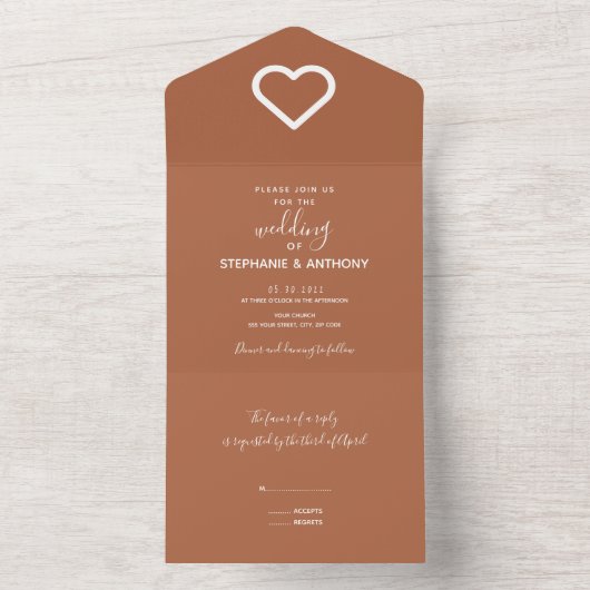 Minimalistische terracotta Heart Wedding All In One Uitnodiging (Binnen)