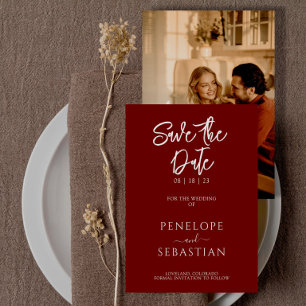 Minimalistische terracotta moderne boho foto bruil save the date