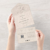 Minimalistische terracotta nep-linnen QR-code brui All In One Uitnodiging (Afscheurbaar)