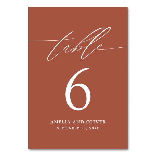 Minimalistische Terracotta Script Table Number Kaa Kaart (Voorkant)