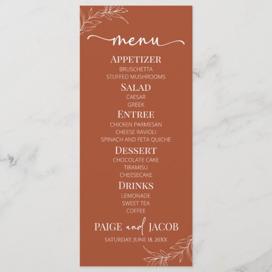 Minimalistische Terracotta tak blad bruiloft Menu (Voorkant)