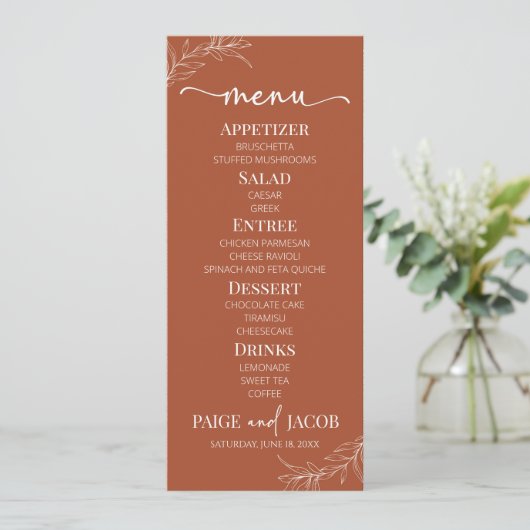Minimalistische Terracotta tak blad bruiloft Menu (Staand voorkant)