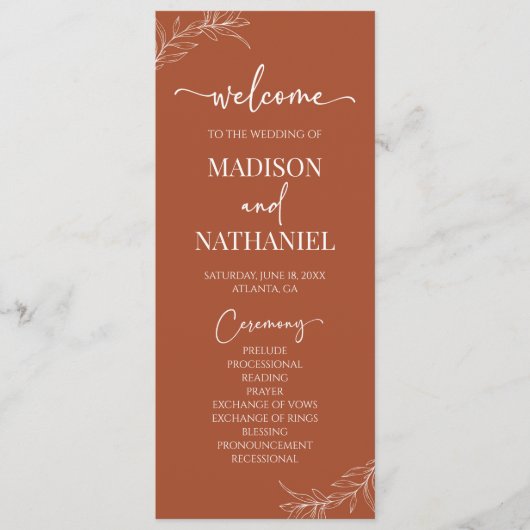 Minimalistische Terracotta tak blad bruiloft Programmakaart (Voorkant)