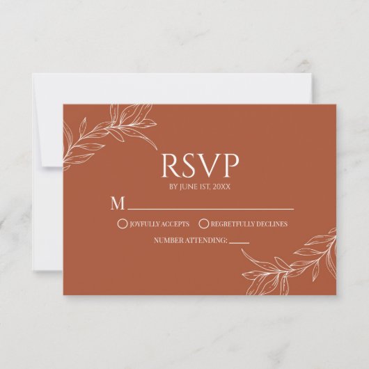 Minimalistische Terracotta tak blad bruiloft RSVP Kaartje (Voorkant)