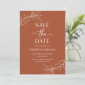 Minimalistische Terracotta tak blad bruiloft Save The Date (Staand voorkant)