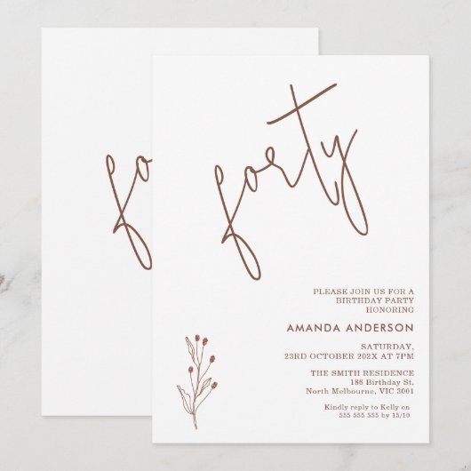 Minimalistische terracotta tekst 40e verjaardag kaart (Voorkant / Achterkant)