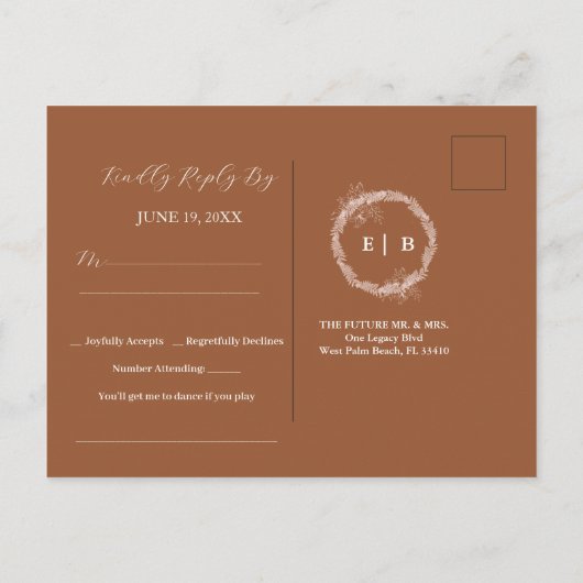 Minimalistische terracotta Verbrande bruiloft RSVP Briefkaart (Achterkant)