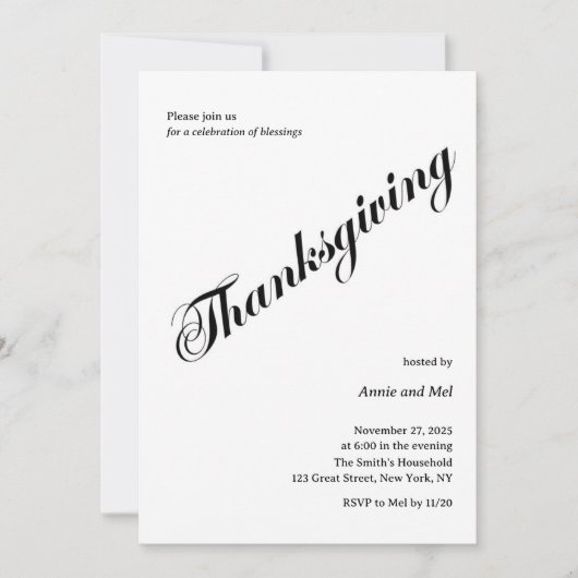 Minimalistische Thanksgiving Diner Zwart Wit Kaart (Voorkant)