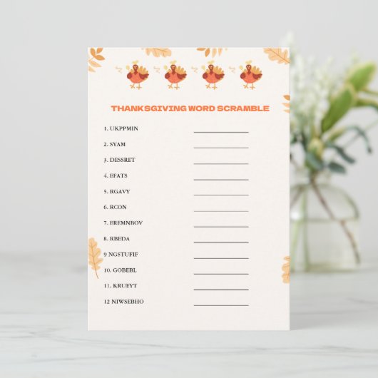 Minimalistische Thanksgiving scramble woord spel k Aankondiging (Staand voorkant)