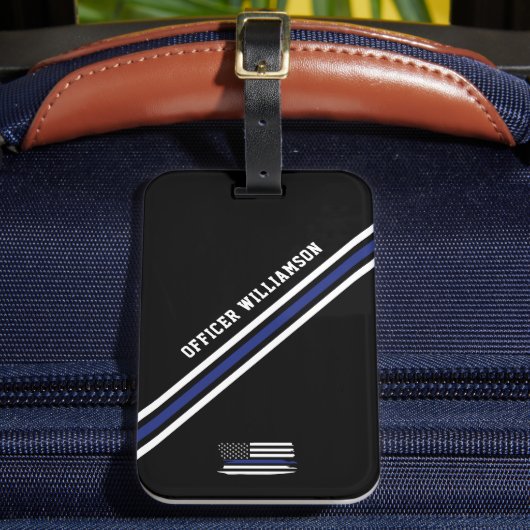 Minimalistische Thin Blue Line politieagent op maa Bagagelabel (Voorkant Insitu 2)