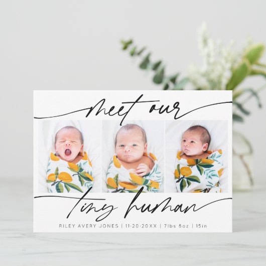 Minimalistische Tiny Human Newborn Baby 3 fotocoll Aankondiging (Staand voorkant)