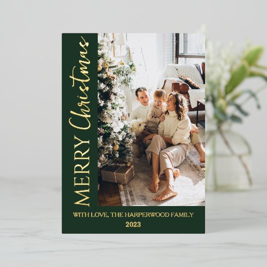 Minimalistische trendy moderne foto familie kerst folie feestdagenkaart (Staand Voorkant)