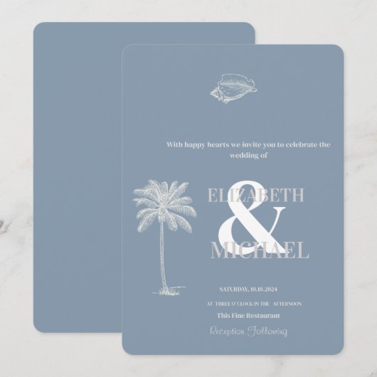 Minimalistische Tropische Bruiloft Stoffig Blauw Kaart (Voorkant / Achterkant)