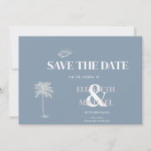 Minimalistische Tropische Bruiloft Stoffig Blauw Save The Date (Voorkant)