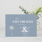Minimalistische Tropische Bruiloft Stoffig Blauw Save The Date (Staand voorkant)