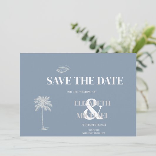 Minimalistische Tropische Bruiloft Stoffig Blauw Save The Date (Staand voorkant)