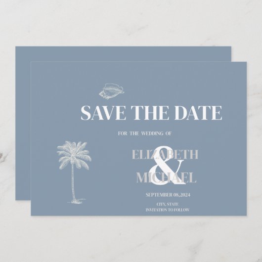 Minimalistische Tropische Bruiloft Stoffig Blauw Save The Date (Voorkant / Achterkant)