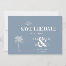 Minimalistische Tropische Bruiloft Stoffig Blauw Save The Date