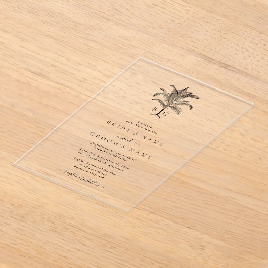 Minimalistische Tropische Palmboom Monogram Bruilo Acryl Uitnodigingen (Laagn)