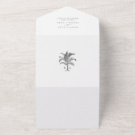 Minimalistische Tropische Palmboom Monogram Bruilo All In One Uitnodiging (Buitenkant)