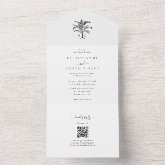 Minimalistische Tropische Palmboom Monogram Bruilo All In One Uitnodiging (Binnen)