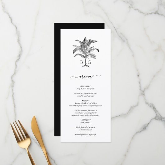 Minimalistische Tropische Palmboom Monogram Bruilo Menu (Voorkant / Achterkant in situ)