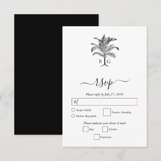 Minimalistische Tropische Palmboom Monogram Bruilo RSVP Kaartje (Voorkant / Achterkant)