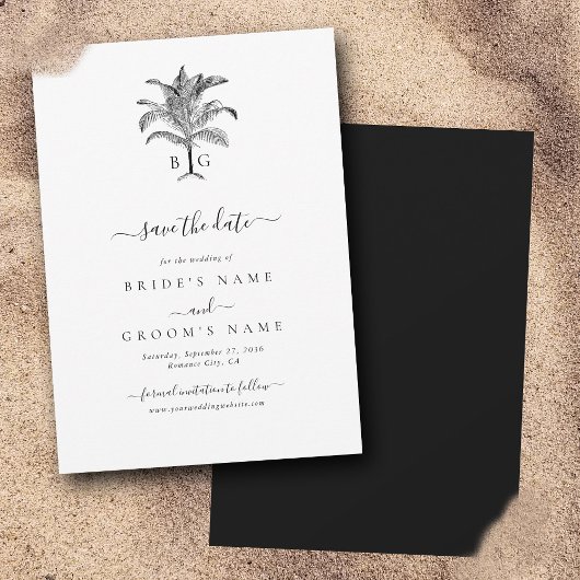 Minimalistische Tropische Palmboom Monogram Bruilo Save The Date