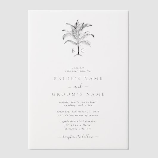 Minimalistische Tropische Palmboom Monogram Bruilo Vellum Uitnodigingen (Voorkant)
