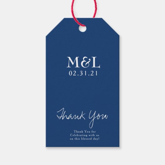 Minimalistische Trouw Dank Je Blauwe Script Logo Cadeaulabel (Voorkant)