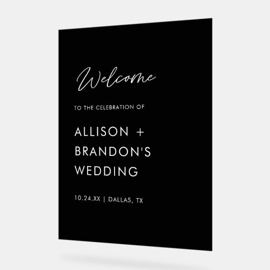 Minimalistische trouw-welkom zwart  acryl bord (Hoek)