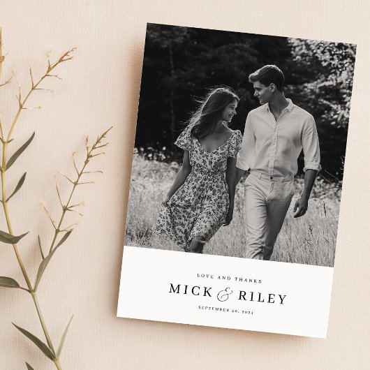 Minimalistische trouwfoto bedankkaart met notitie
