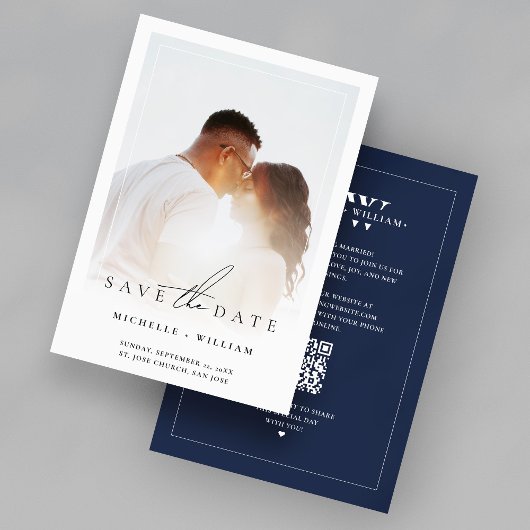 Minimalistische Trouwfoto Frame Monogram Navy Save The Date