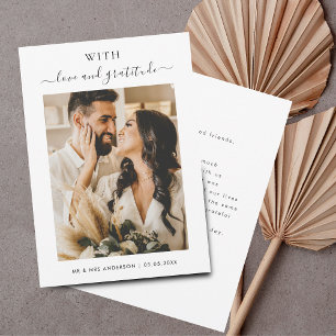 Minimalistische trouwfoto met liefde en dankbaarhe bedankkaart