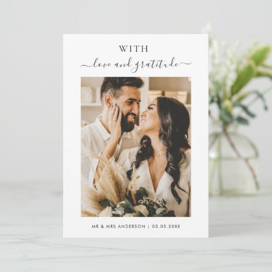 Minimalistische trouwfoto met liefde en dankbaarhe bedankkaart (Staand voorkant)