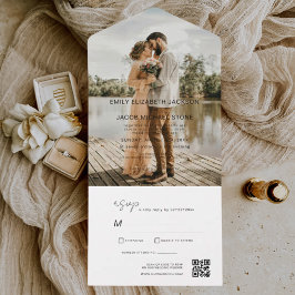 Minimalistische trouwfoto QR-code Elegant All In One Uitnodiging
