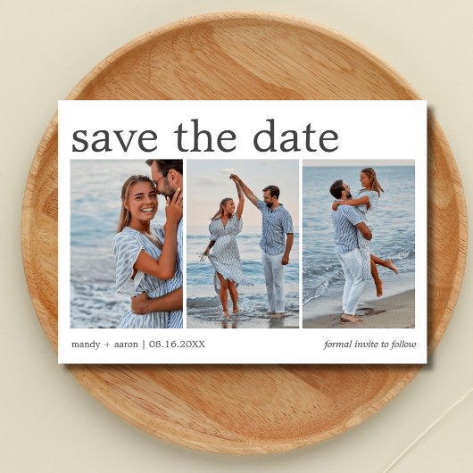 Minimalistische trouwkaart met drie foto's  save the date
